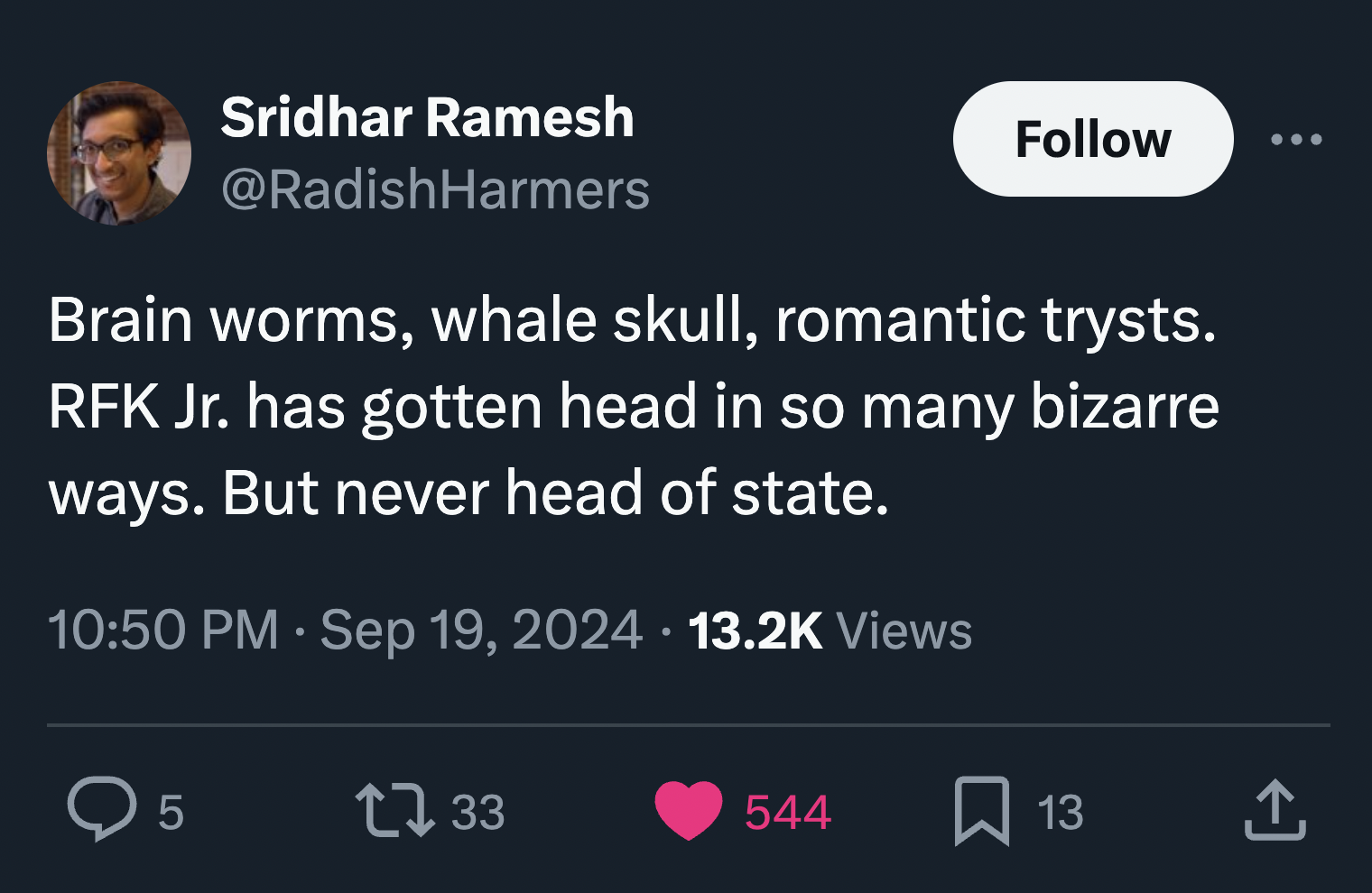 screenshot - Sridhar Ramesh Brain worms, whale skull, romantic trysts. Rfk Jr. has gotten head in so many bizarre ways. But never head of state. Views Q5 1733 544 13